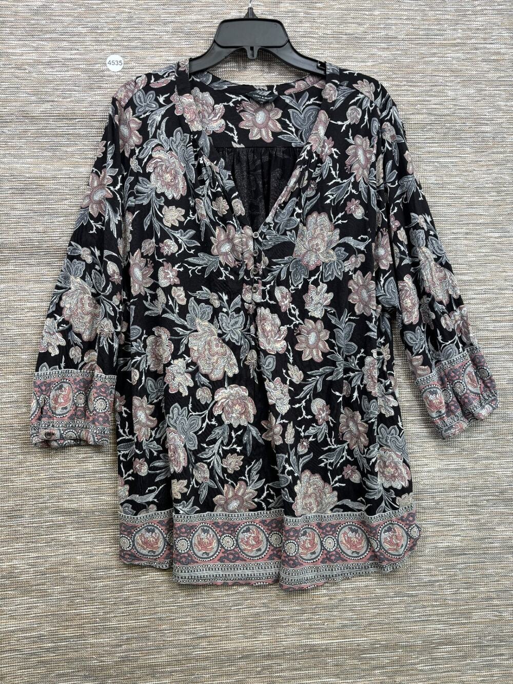 Lucky Brand Size 3X Boho Floral Print V-Neck Tunic Top 3/4 Sleeve Black Multi